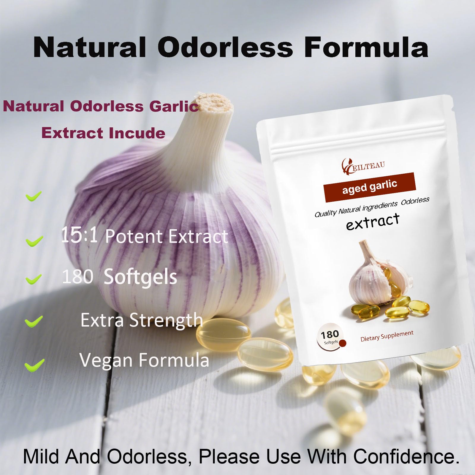 Eilteau odorless garlic 180 softgels bottle dietary supplement facts.