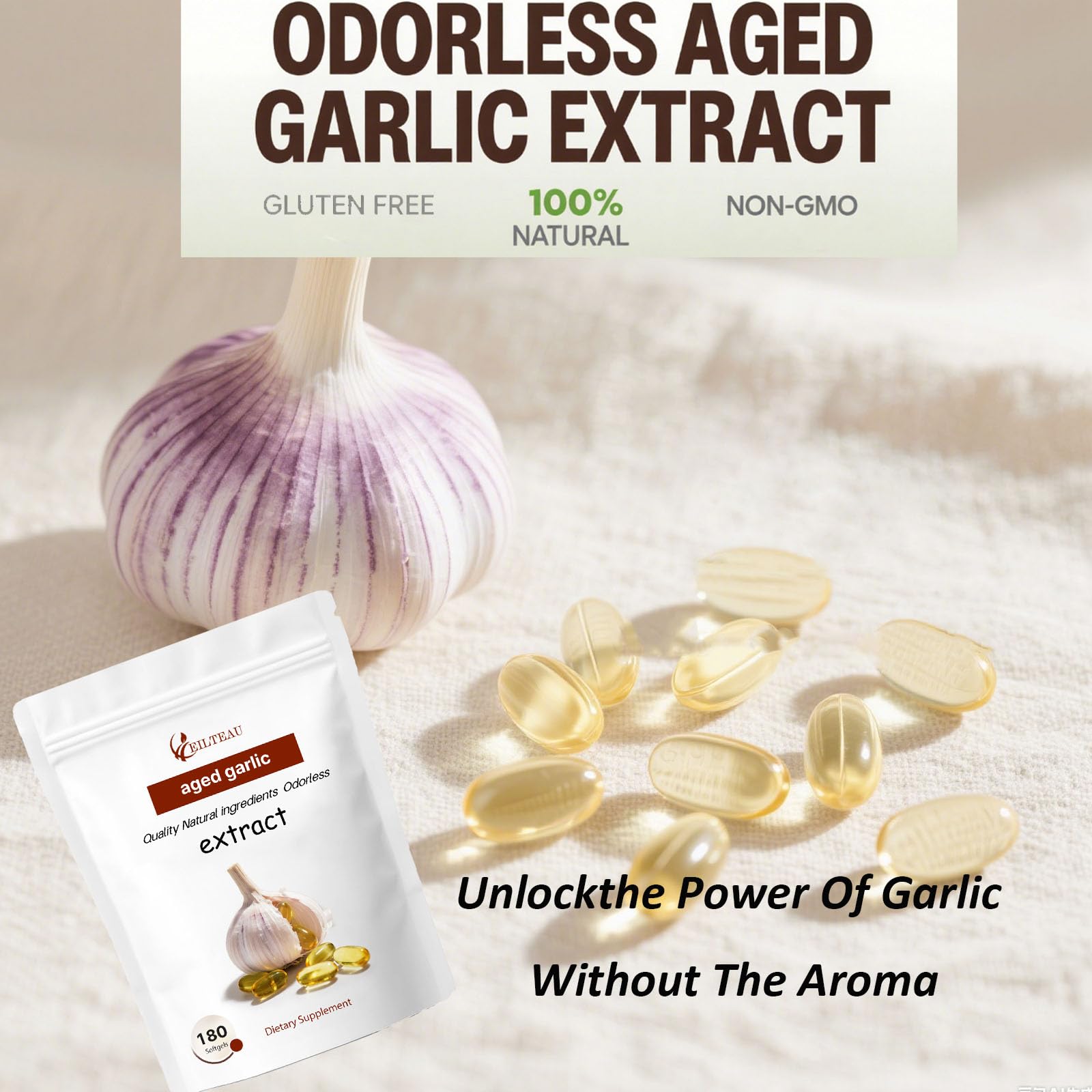 Non GMO and gluten free aged garlic extract softgels for heart health.