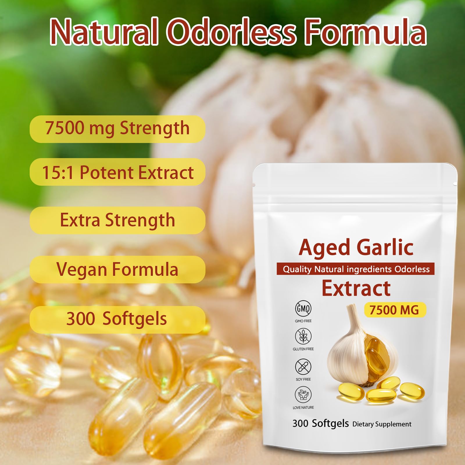 Back label of JXSVR odorless garlic softgels showing supplement facts and 15:1 concentration details.