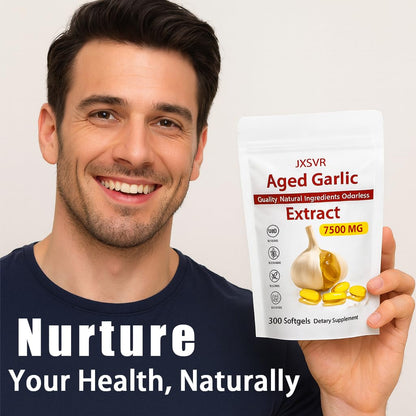 JXSVR aged garlic extract pouch displaying the non-GMO and gluten-free dietary highlights.