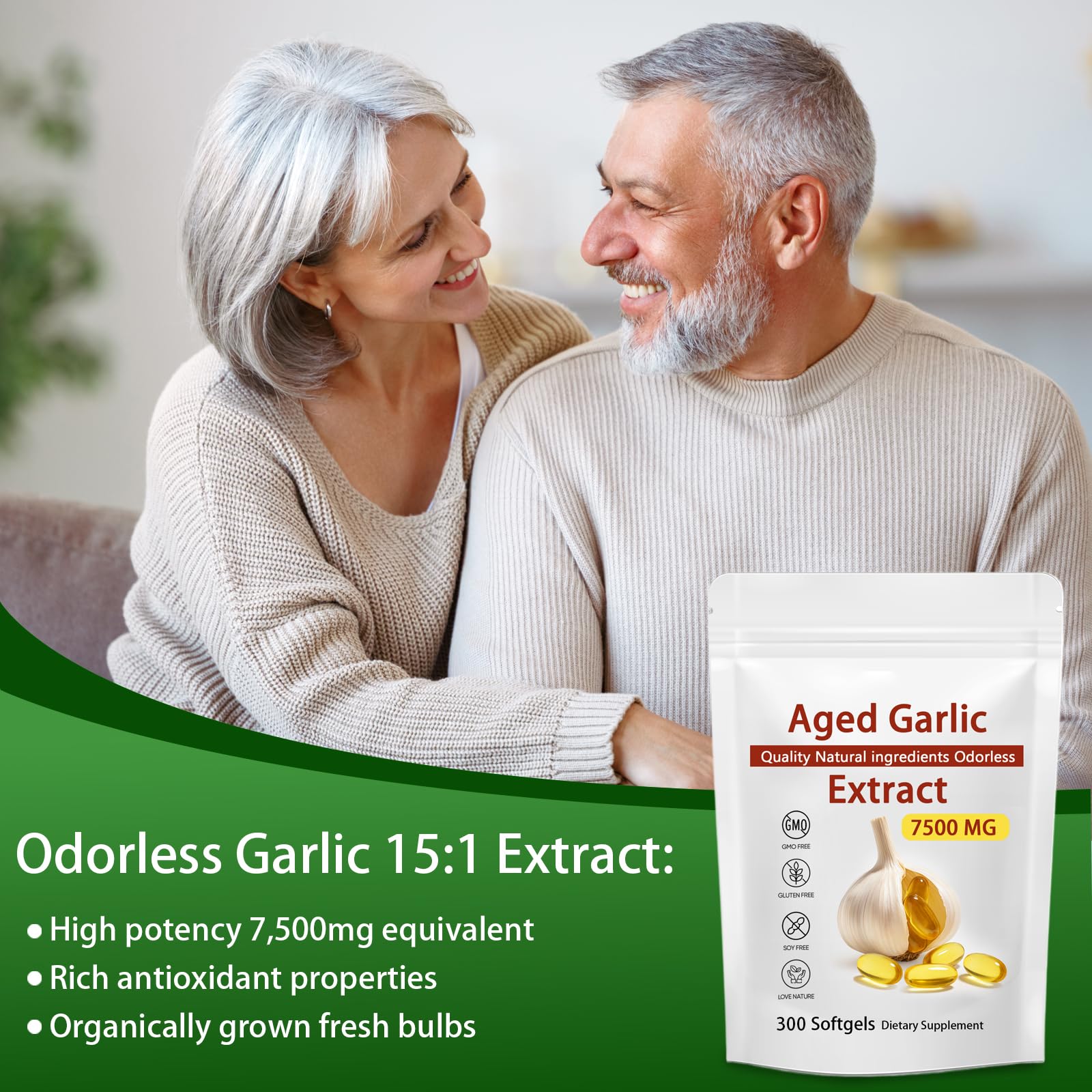 Nutritional information and two-year matured process certification on the garlic supplement container.