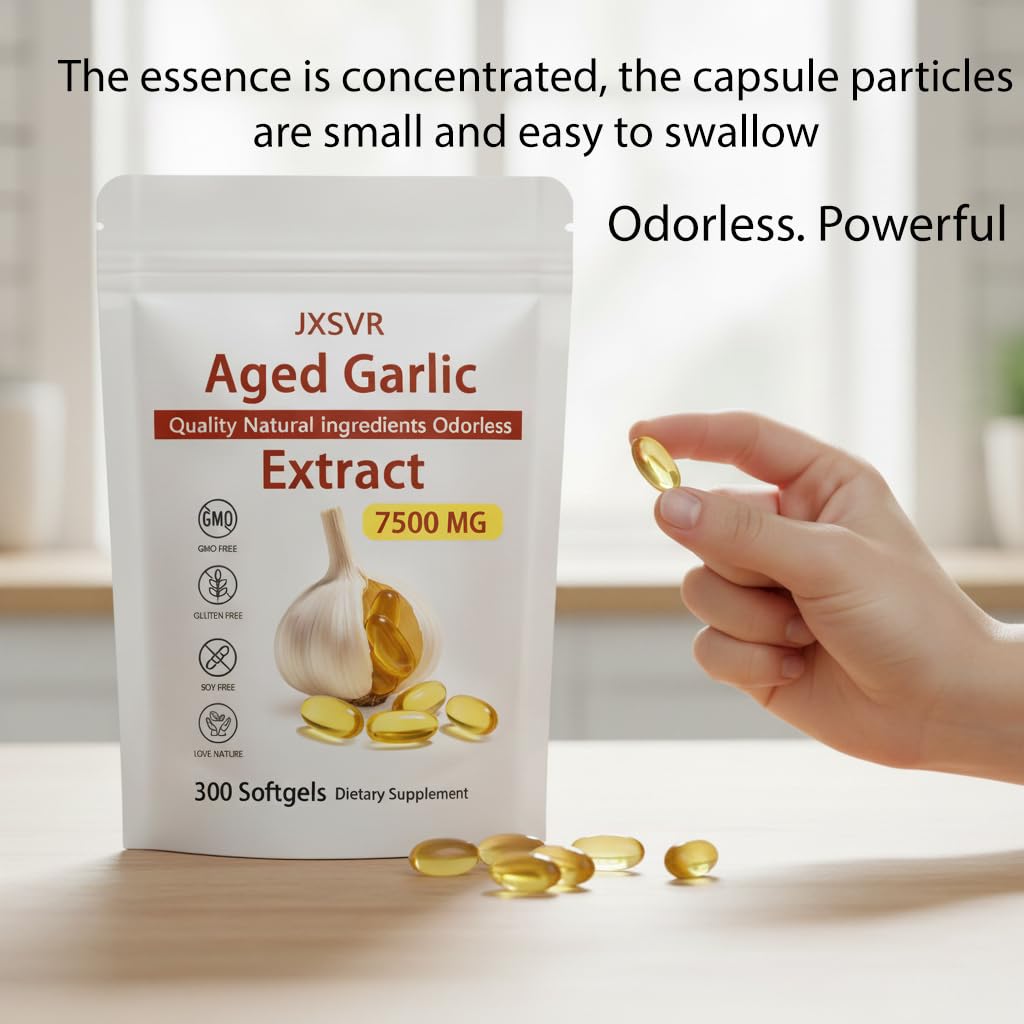 Top angle view of the sealed JXSVR premium garlic extract 300 softgels for daily health routine.