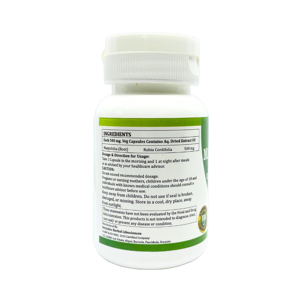 Close up of Morsan Healthcare Manjistha vegetarian capsules