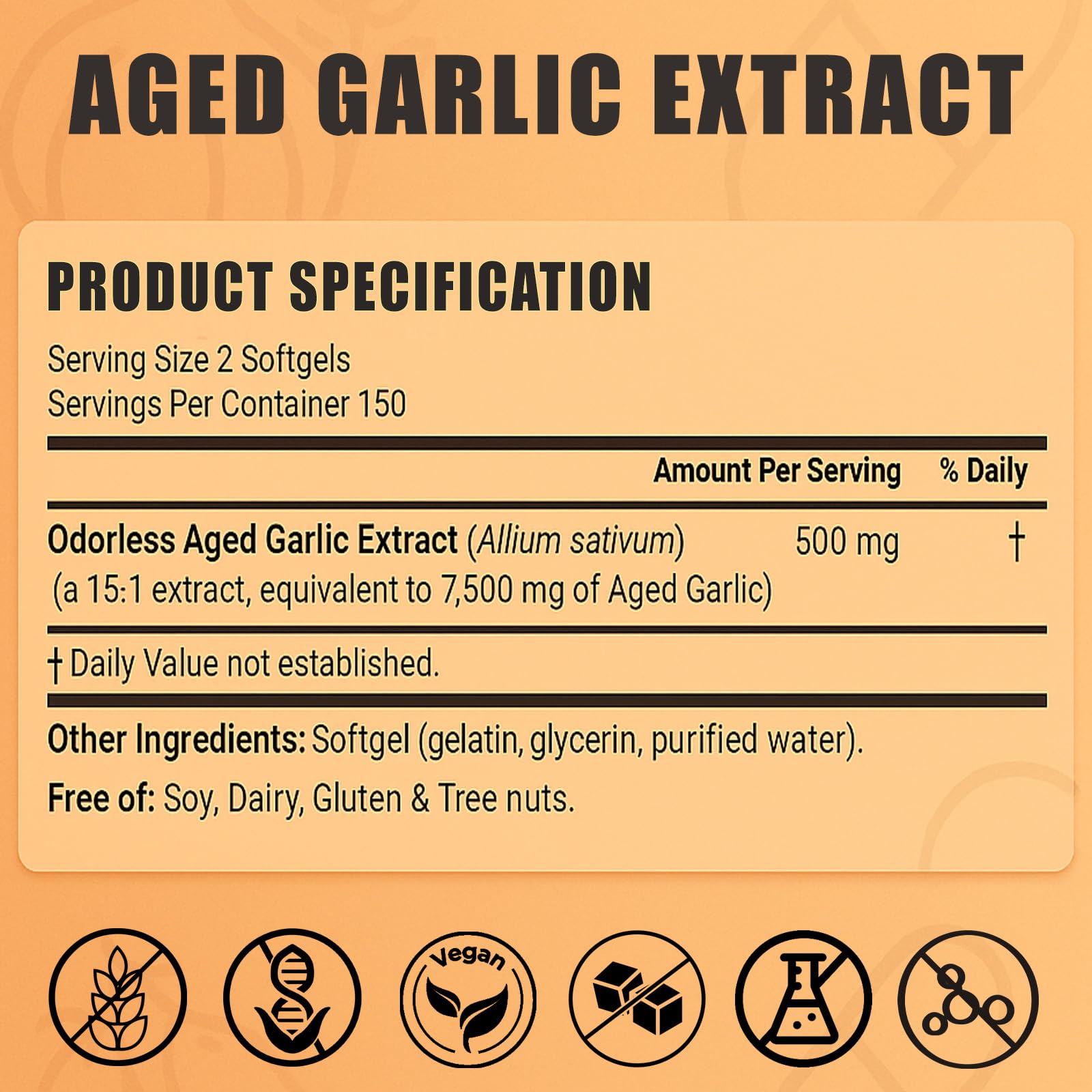 Odorless garlic extract 300 softgels packaging showing organic and non-GMO labels