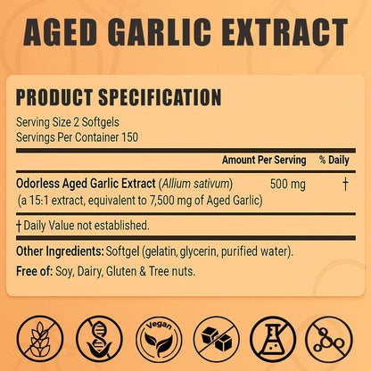 Odorless garlic extract 300 softgels packaging showing organic and non-GMO labels