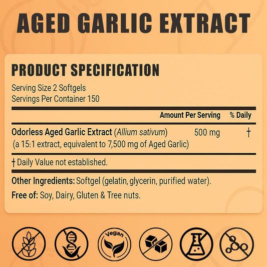 Odorless garlic extract 300 softgels packaging showing organic and non-GMO labels