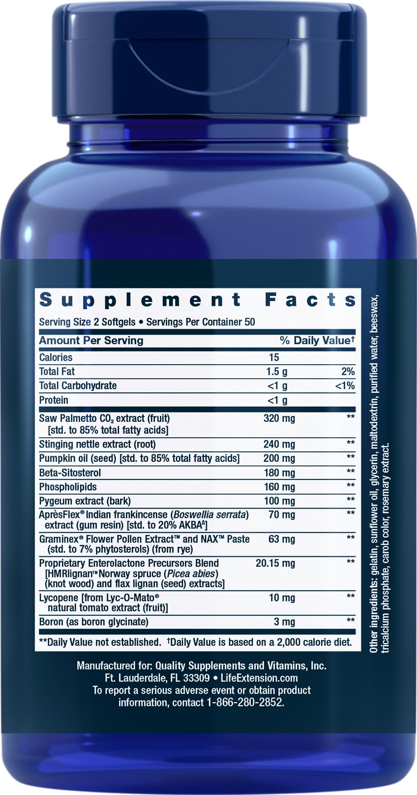 Life Extension Ultra Prostate Formula dietary supplement showing the side label with comprehensive ingredient details including saw palmetto.