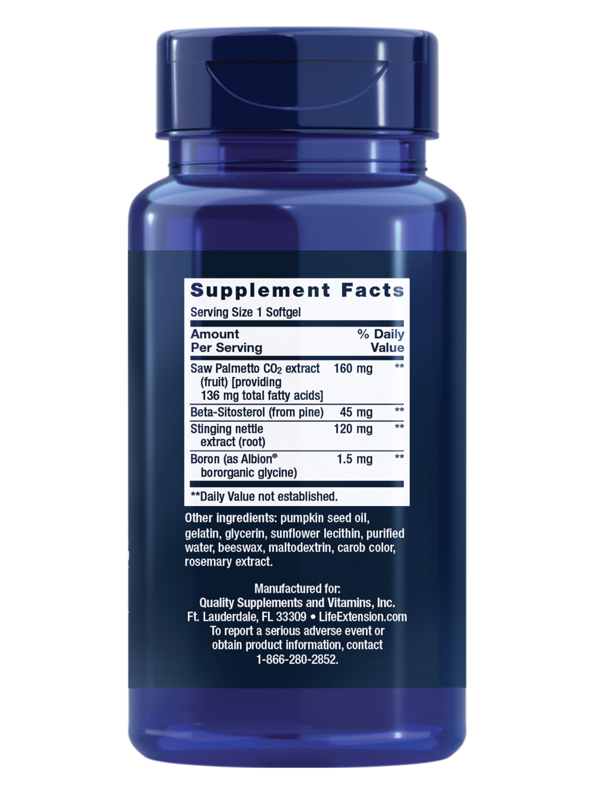 Life Extension prostate health supplement facts label showing saw palmetto dosage
