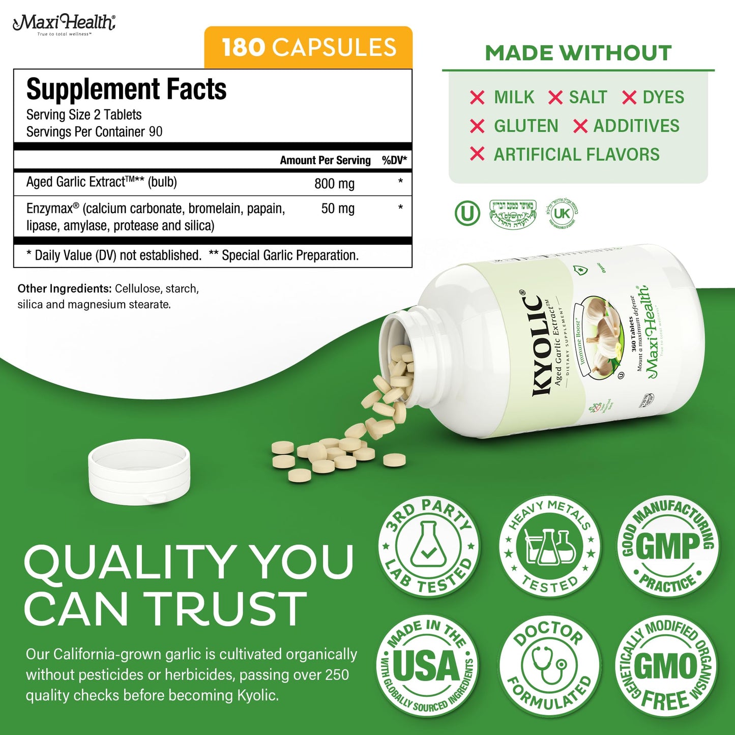 USA imported Maxi Health garlic supplement container showcasing Enzymax blend
