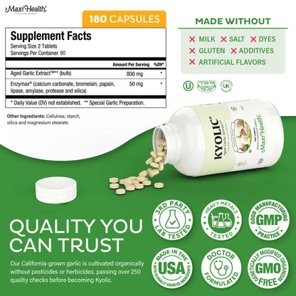 USA imported Maxi Health garlic supplement container showcasing Enzymax blend