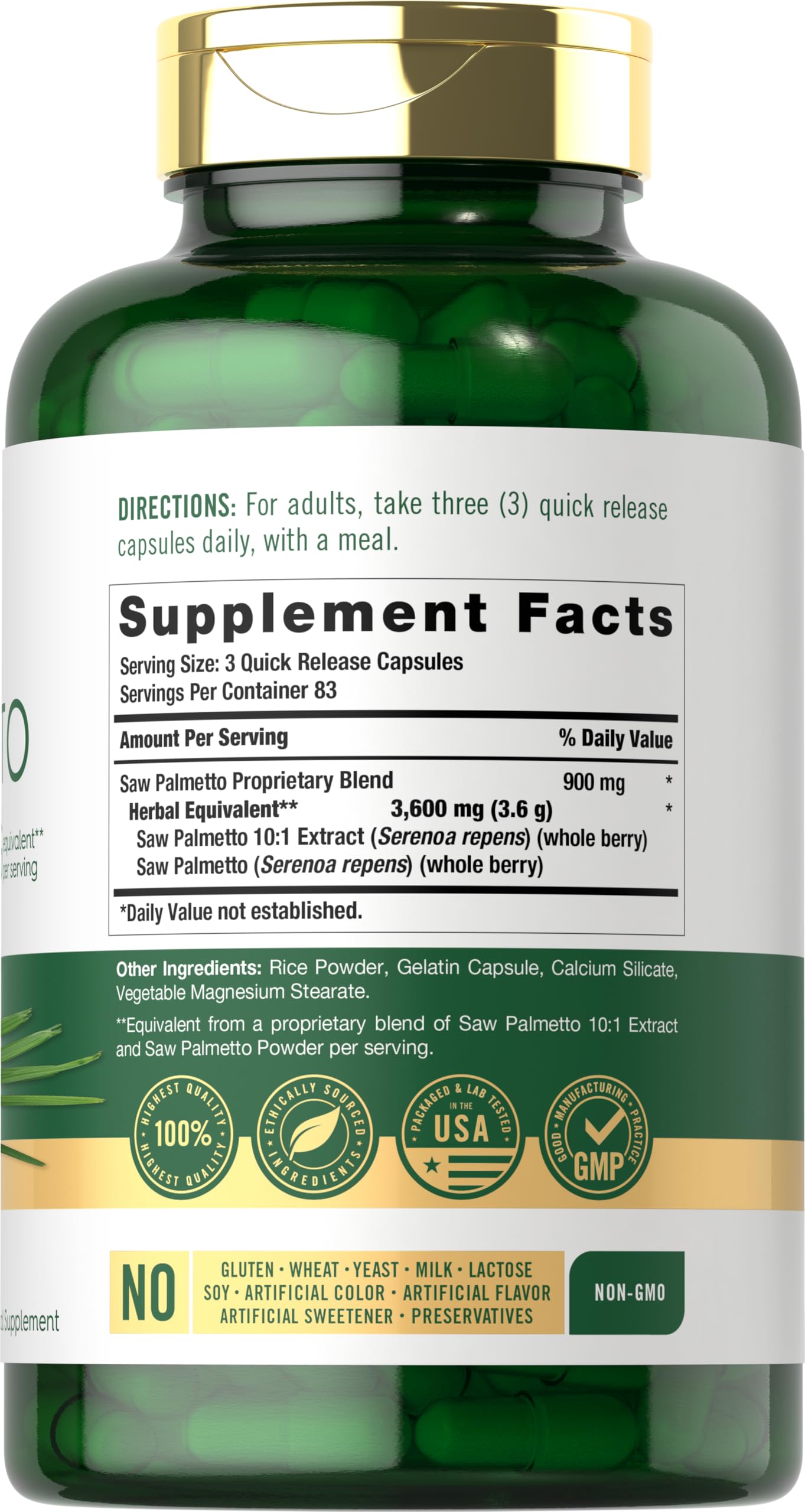 Carlyle Saw Palmetto supplement packaging displaying supplement facts and 3600mg high potency dosage directions.