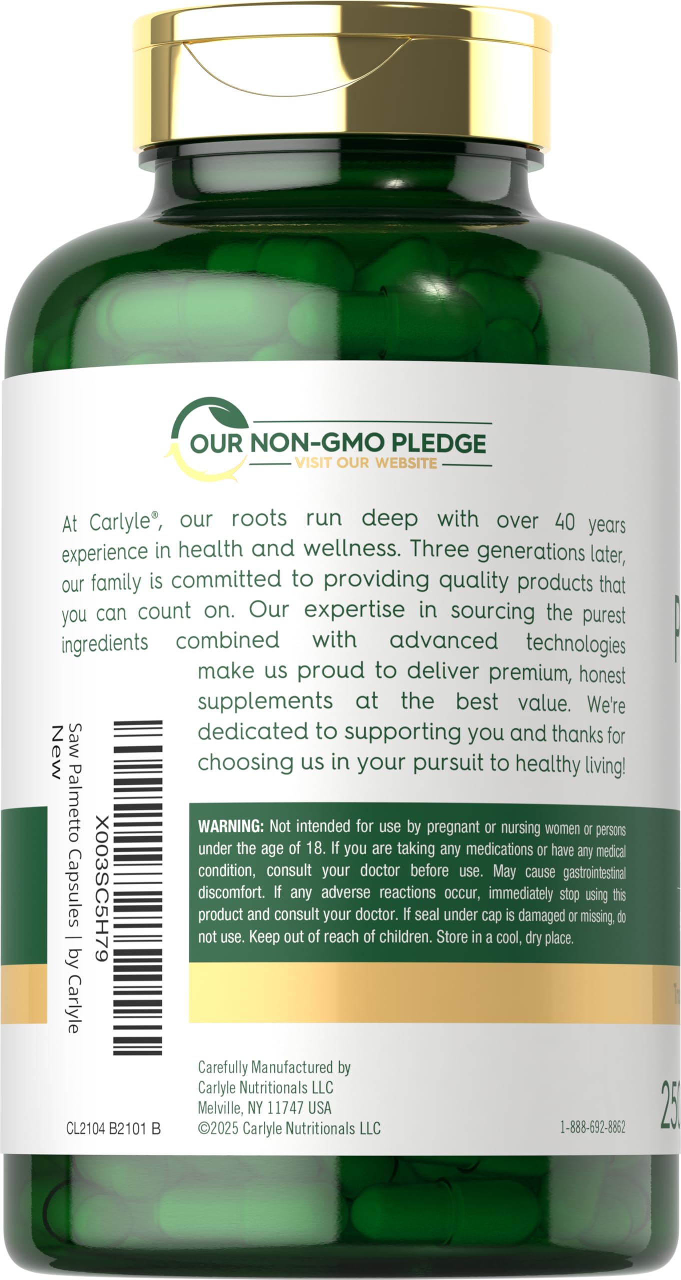 Side view of Carlyle Saw Palmetto 250 capsules bottle illustrating the non-GMO and gluten-free certifications.