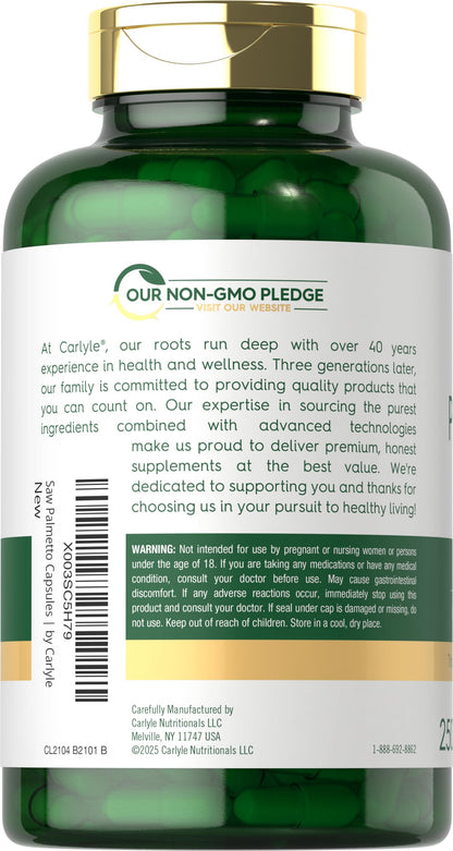 Side view of Carlyle Saw Palmetto 250 capsules bottle illustrating the non-GMO and gluten-free certifications.