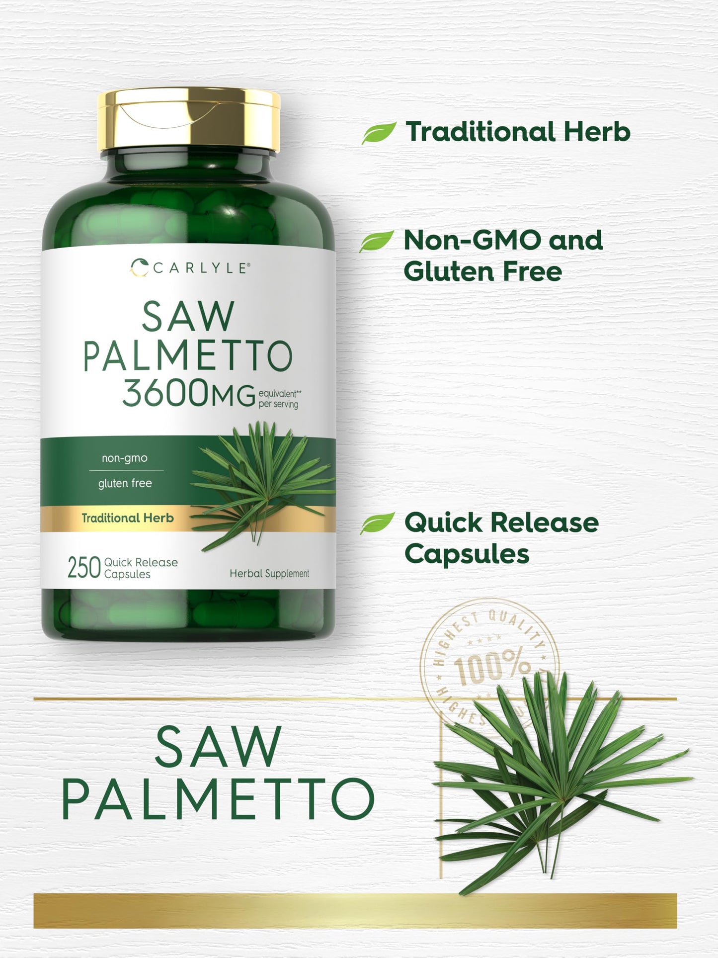 Quick release capsules of Carlyle Saw Palmetto herb extract displayed next to the authentic product bottle.