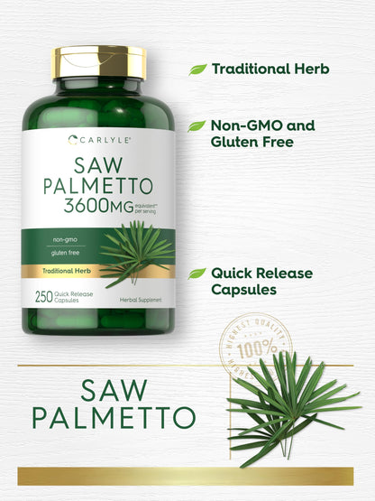 Quick release capsules of Carlyle Saw Palmetto herb extract displayed next to the authentic product bottle.