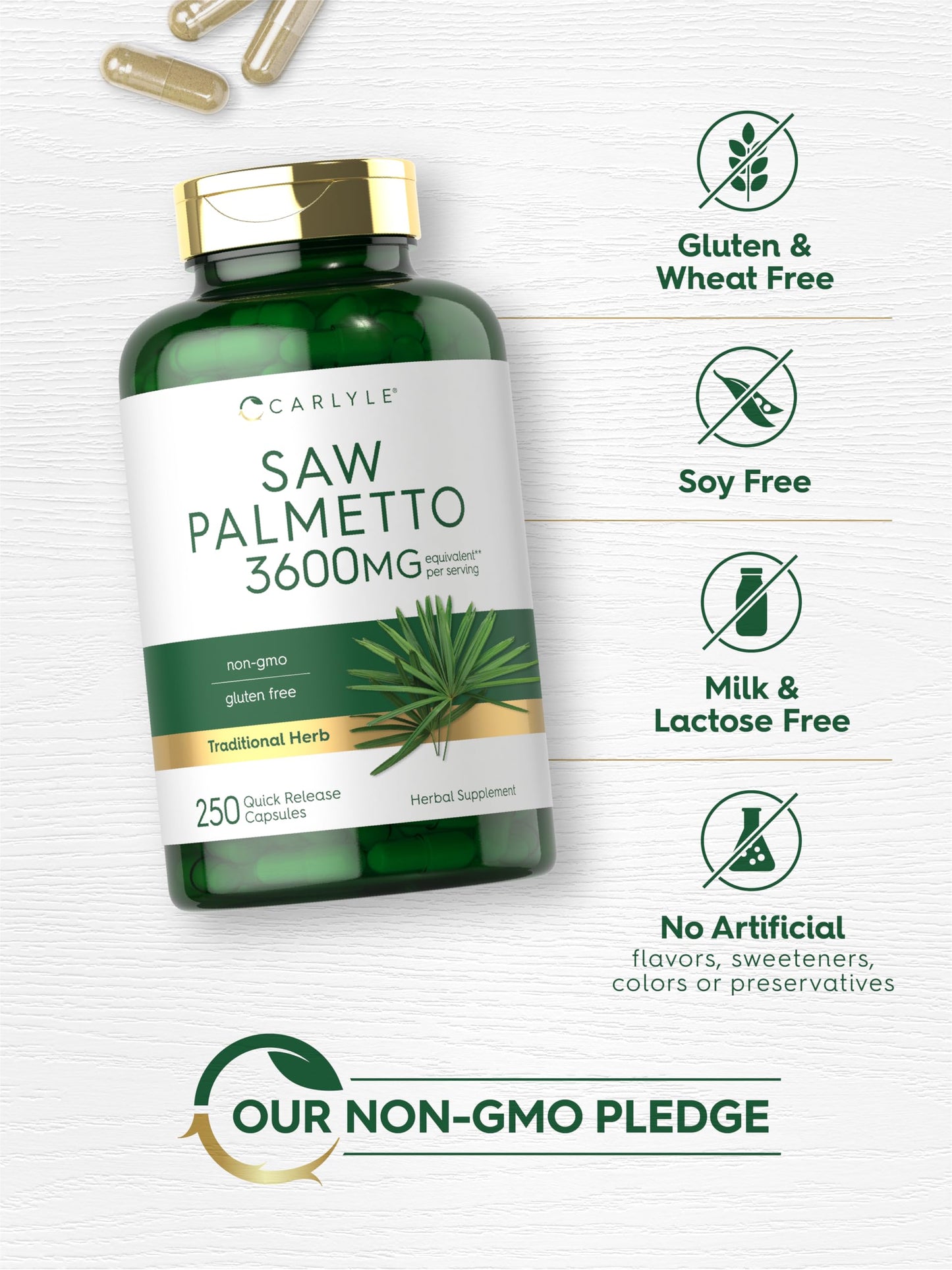 Close up of the back label on Carlyle Saw Palmetto extract highlighting the pure Serenoa repens ingredients list.