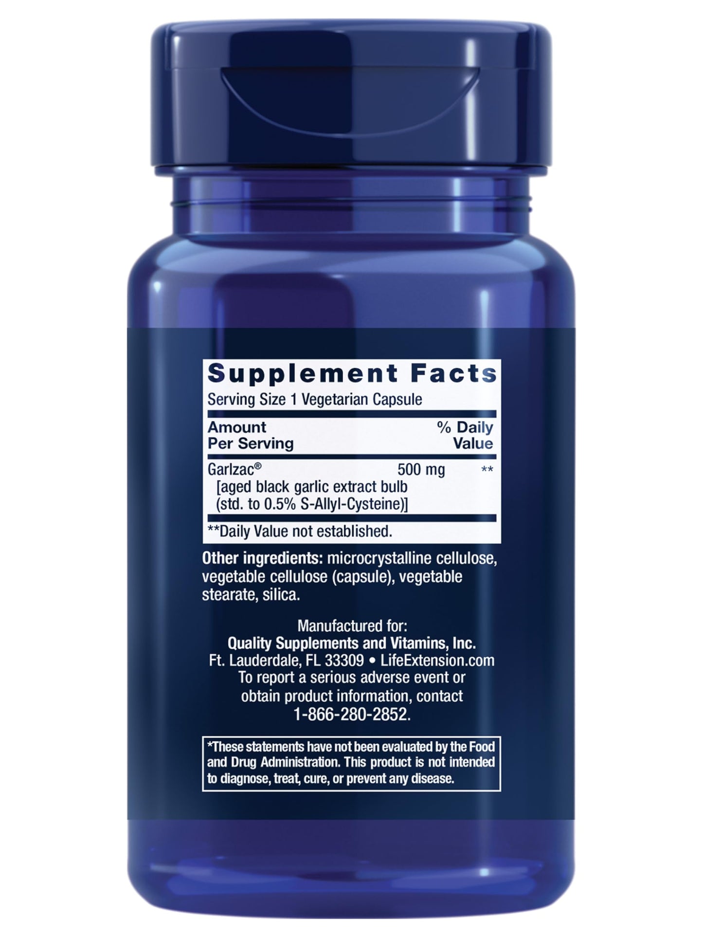 Life Extension odorless aged black garlic extract 500 Milligrams capsule details