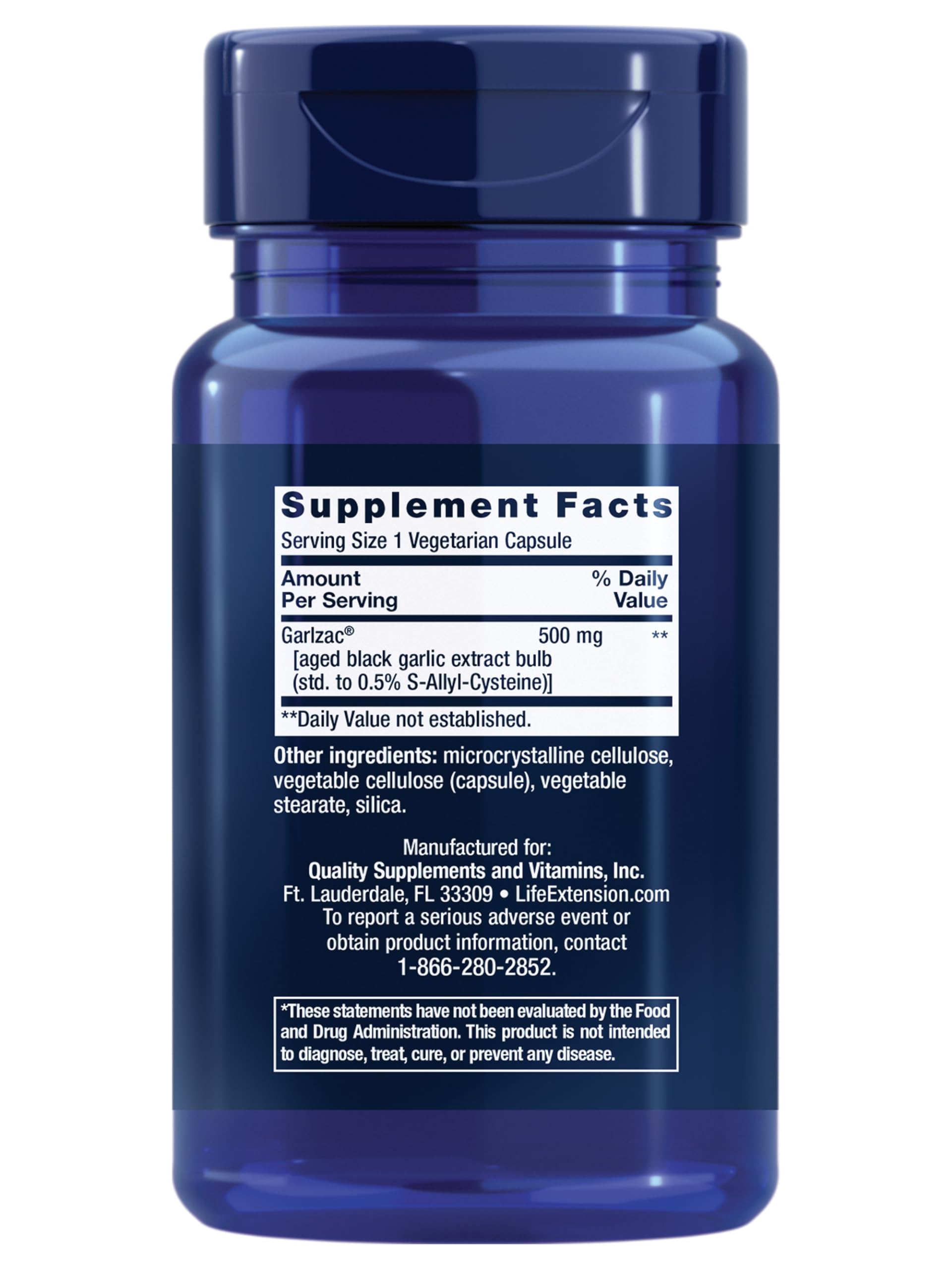 Life Extension odorless aged black garlic extract 500 Milligrams capsule details