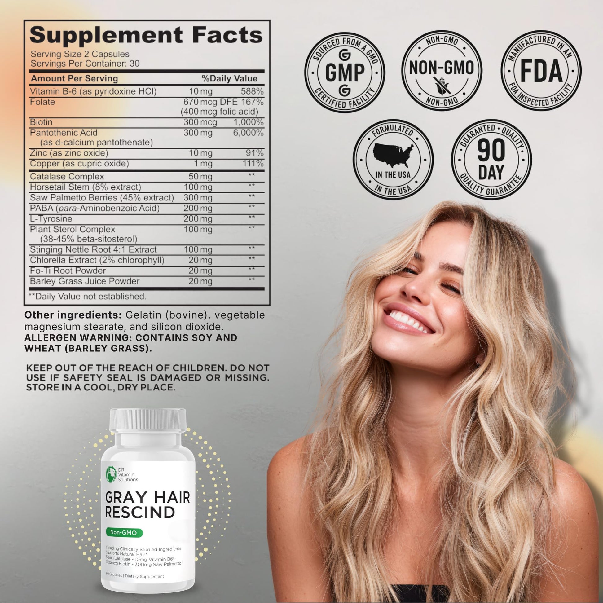 DR Vitamin Solutions Gray Hair Rescind dietary supplement bottle highlighting catalase and biotin ingredients for grey hair reversal