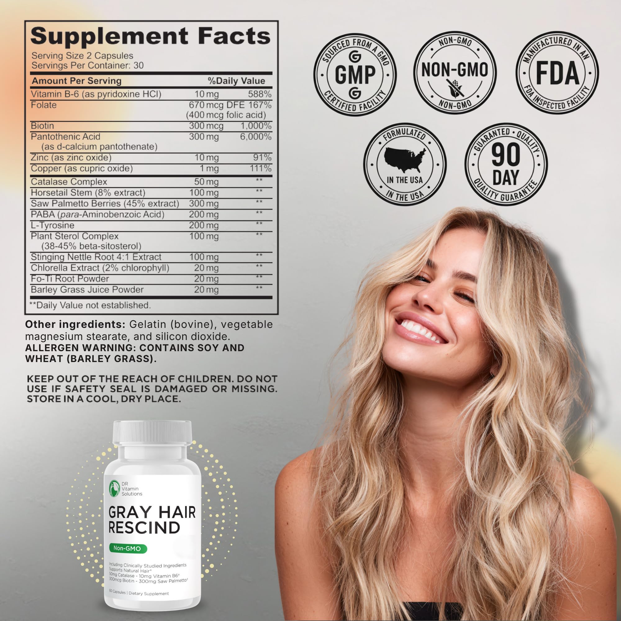 DR Vitamin Solutions Gray Hair Rescind dietary supplement bottle highlighting catalase and biotin ingredients for grey hair reversal