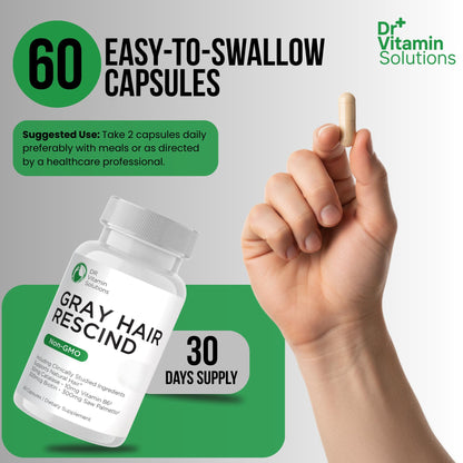 Side view of DR Vitamin Solutions Gray Hair Rescind supplement showing complete nutritional facts and non-GMO certification