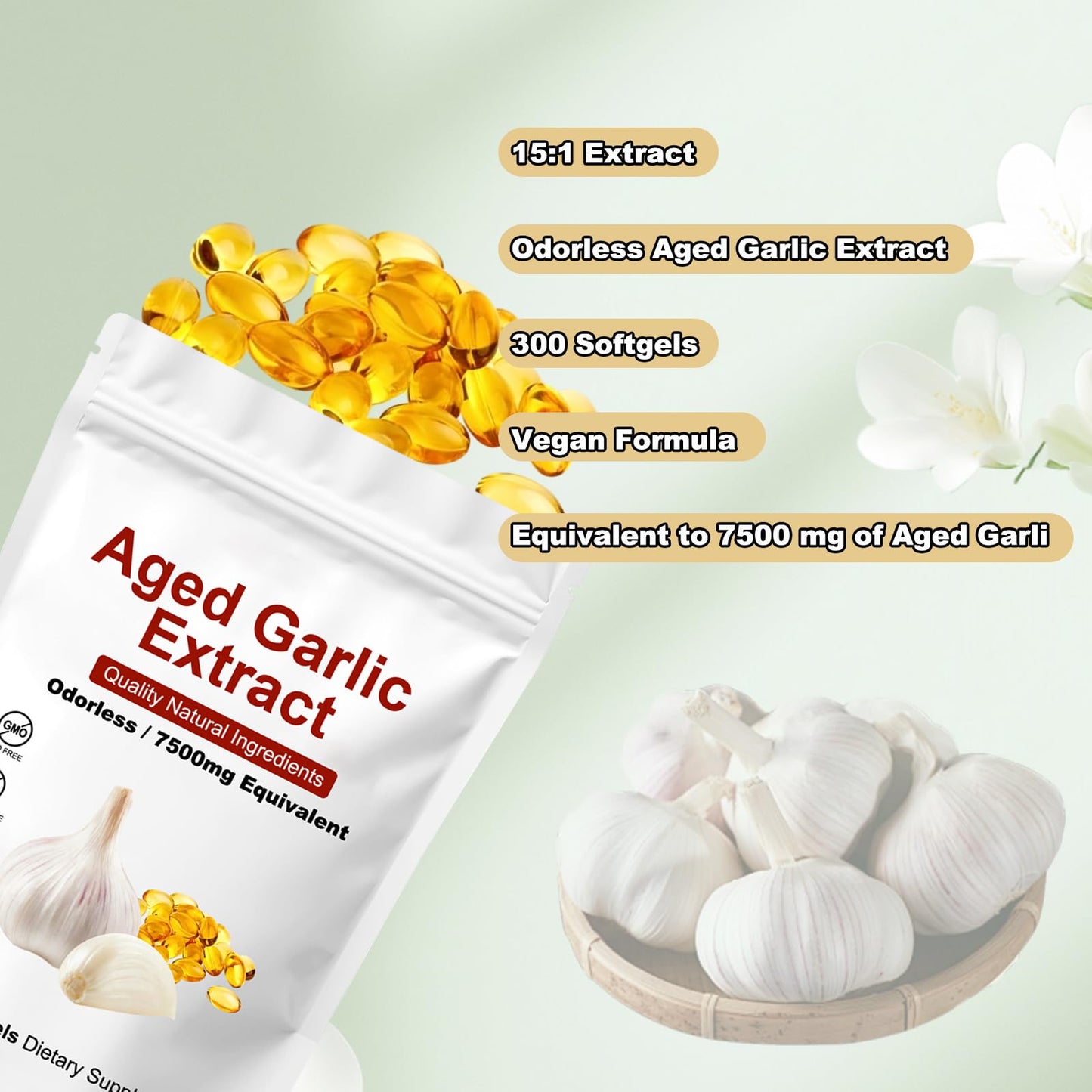 Authentic USA imported Shrandi garlic softgels side label showing non GMO and gluten free certification