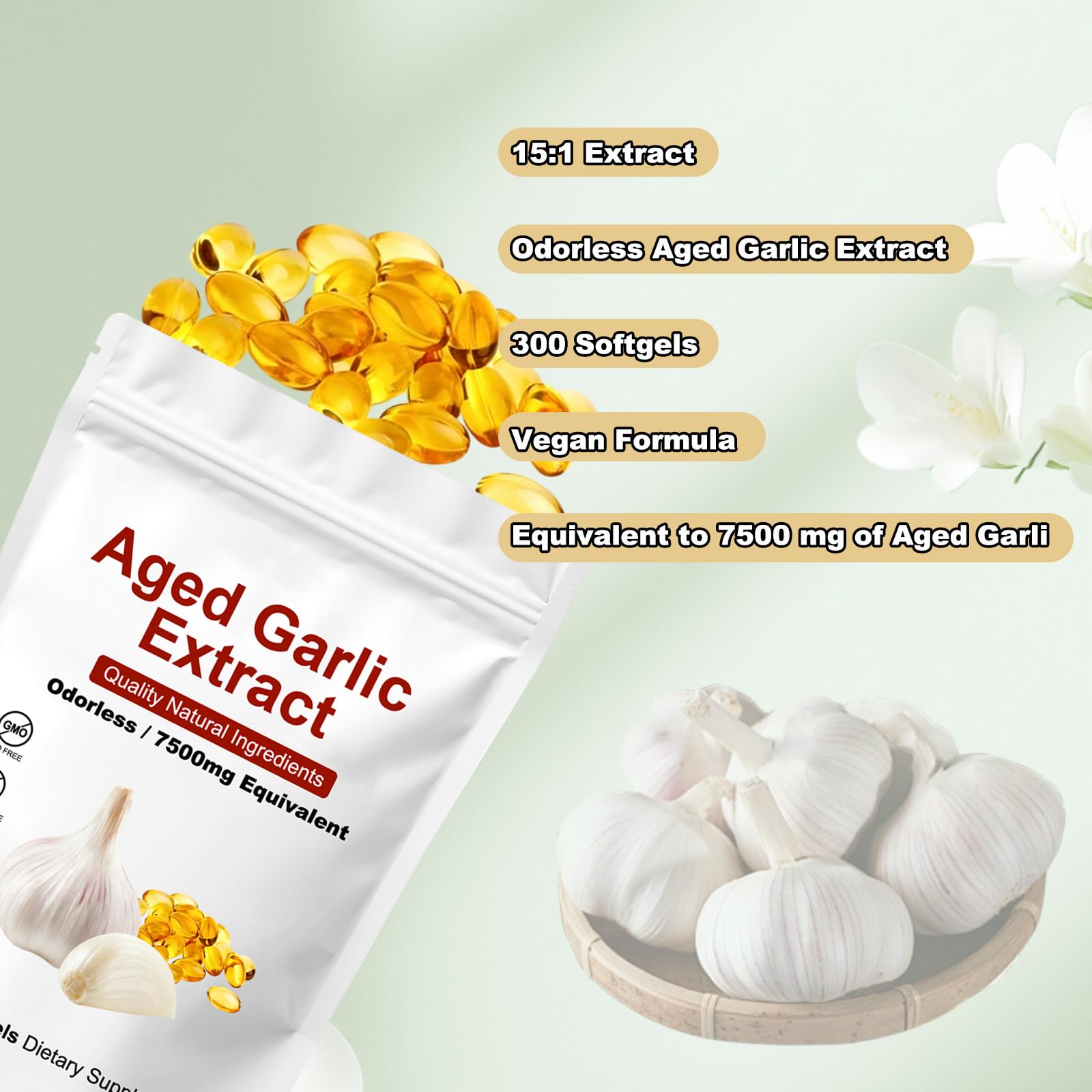 Authentic USA imported Shrandi garlic softgels side label showing non GMO and gluten free certification