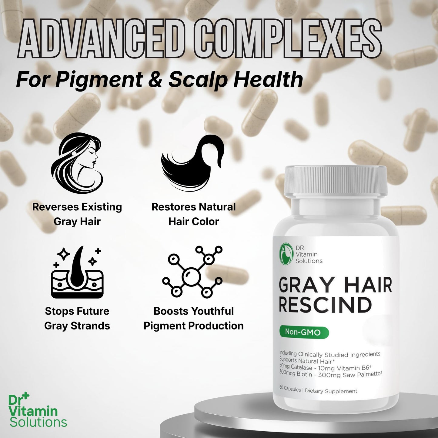 Back label view of Gray Hair Rescind by DR Vitamin Solutions displaying saw palmetto and folic acid dosages