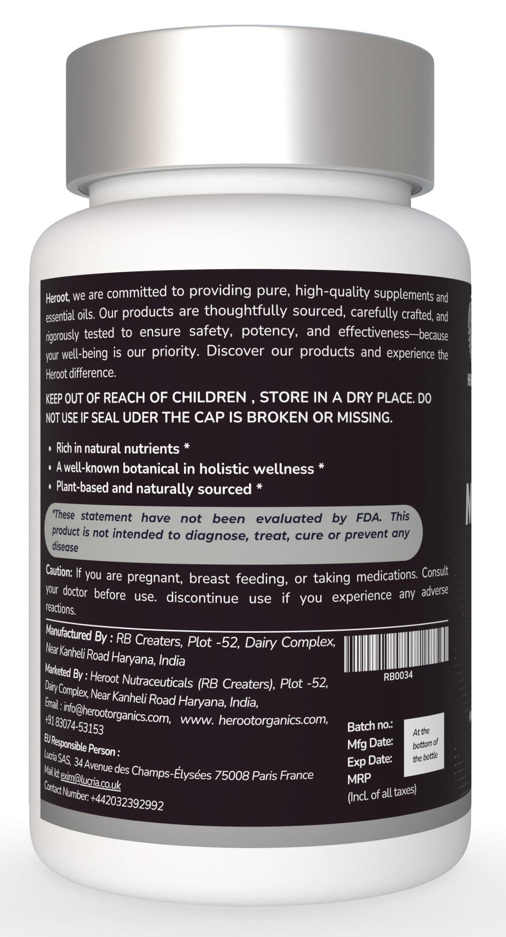 Back view of Heroot Manjistha bottle showing supplement facts