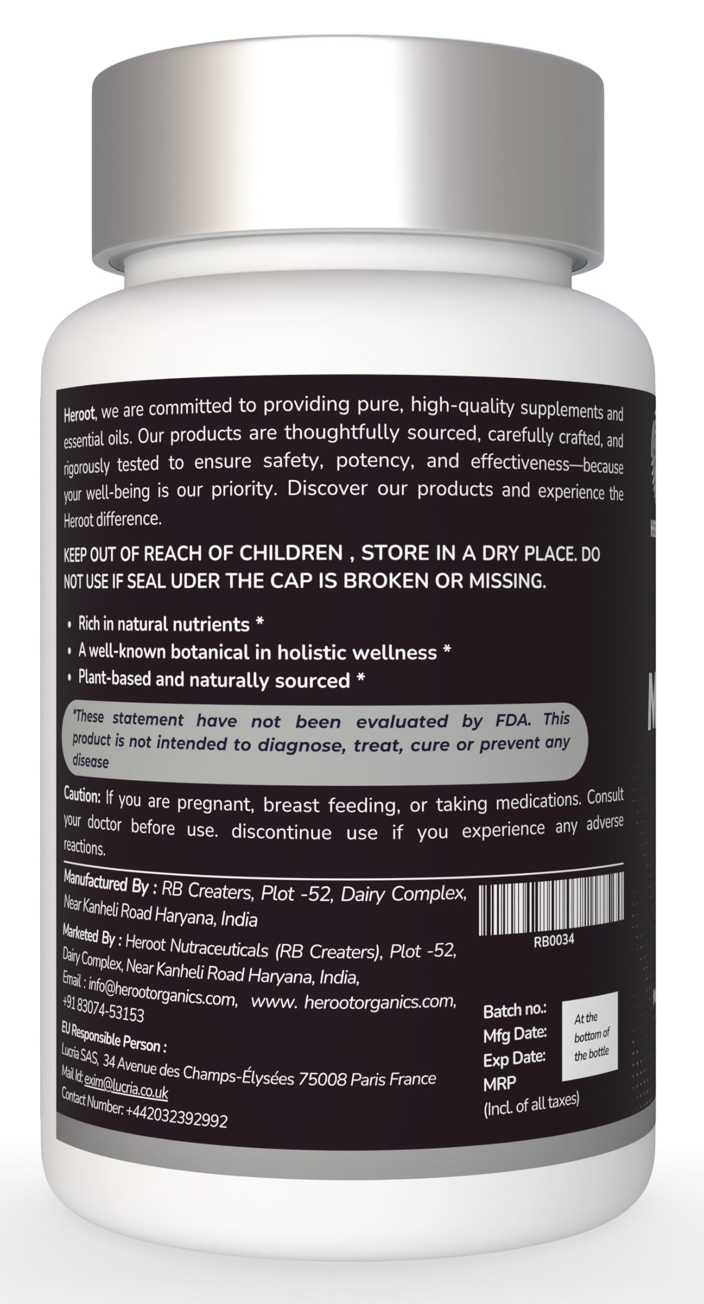 Back view of Heroot Manjistha bottle showing supplement facts