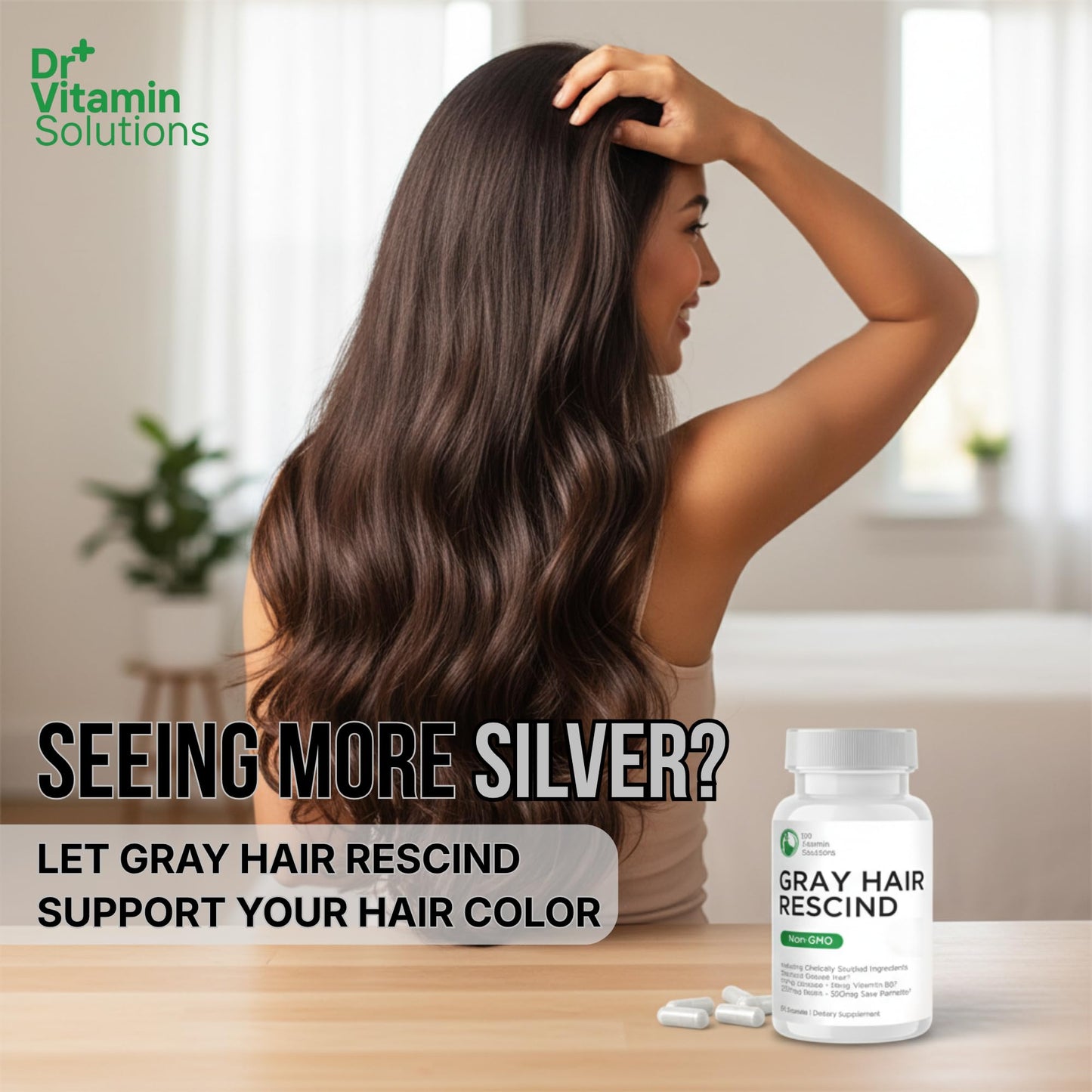 DR Vitamin Solutions Gray Hair Rescind capsules placed next to the bottle demonstrating the recommended daily serving size