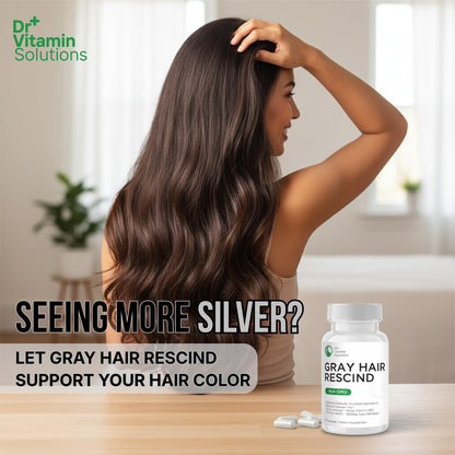 DR Vitamin Solutions Gray Hair Rescind capsules placed next to the bottle demonstrating the recommended daily serving size