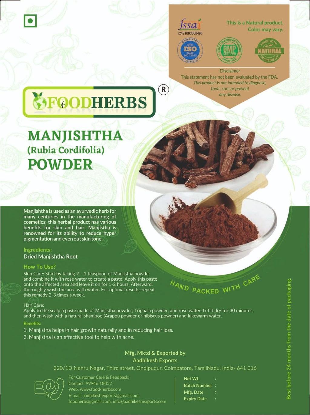 Natural Rubia Cordifolia root powder for skin and hair