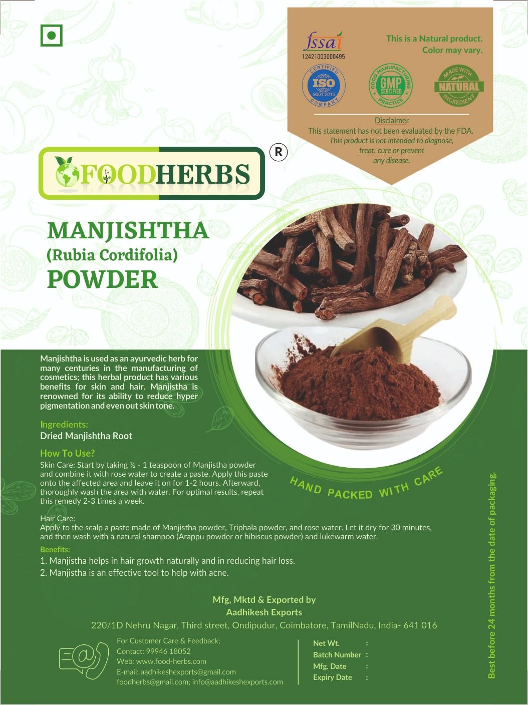 Natural Rubia Cordifolia root powder for skin and hair