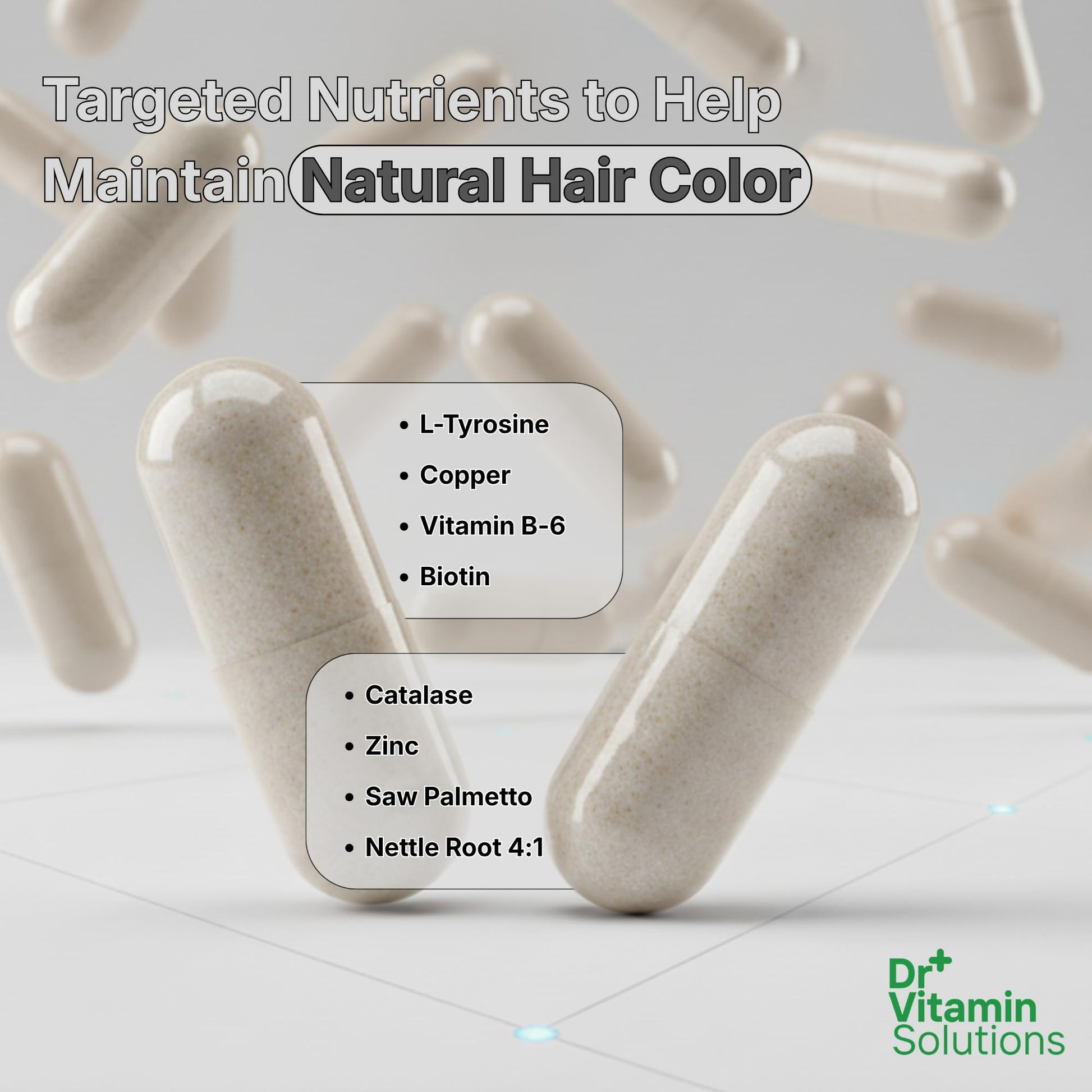 Premium packaging of DR Vitamin Solutions Gray Hair Rescind supplement authentic import for hair color support