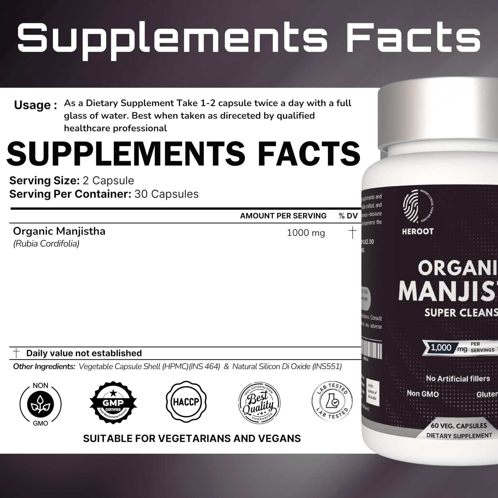 Heroot Manjistha bottle next to natural herbal root extract