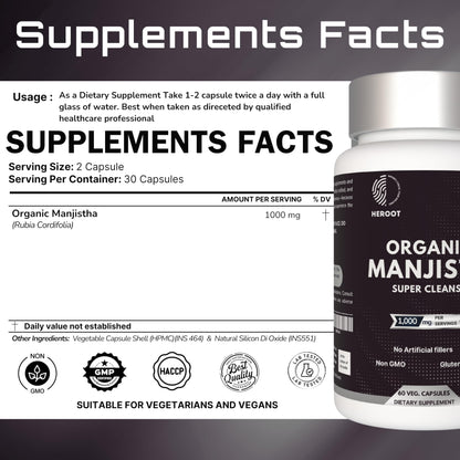 Heroot Manjistha bottle next to natural herbal root extract