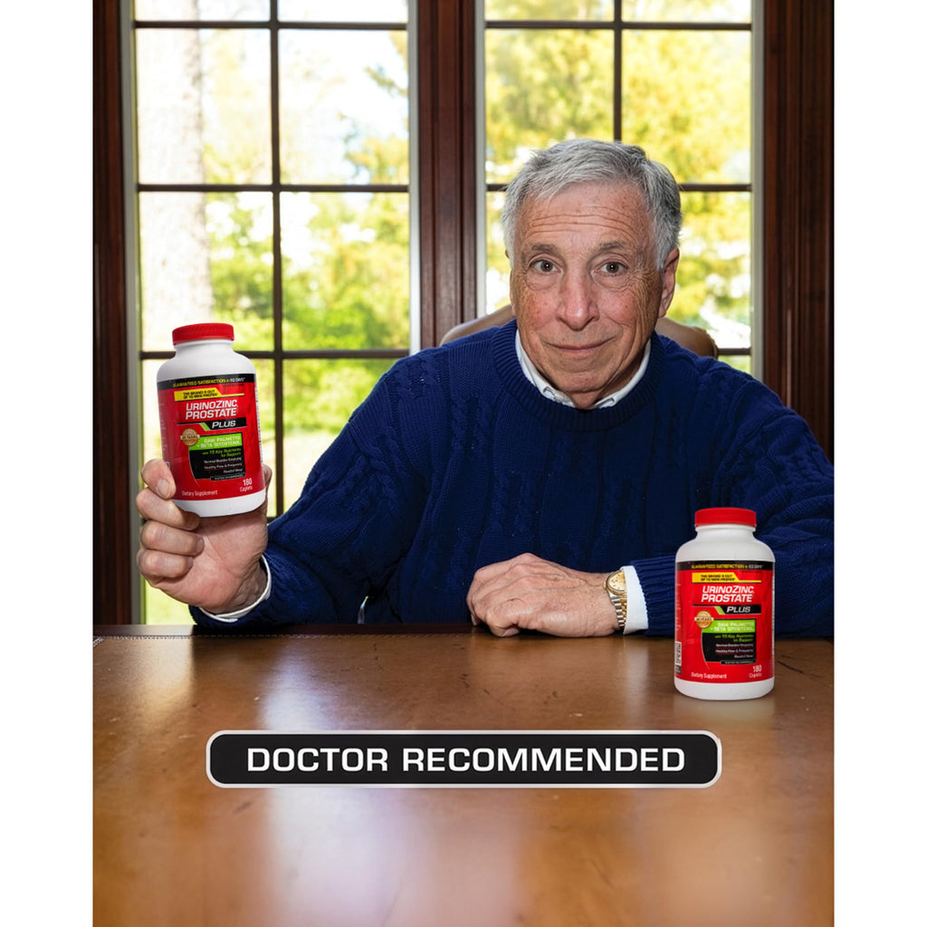 Urinozinc Plus bottle standing next to individual caplets illustrating their standard shape and color profile