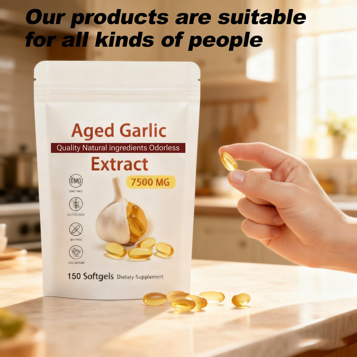Odorless organic garlic fifteen to one high potency extract softgels displayed next to the bottle.