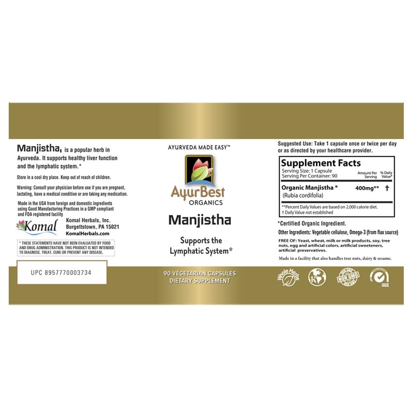 AyurBest organic Manjistha supplement bottle side view