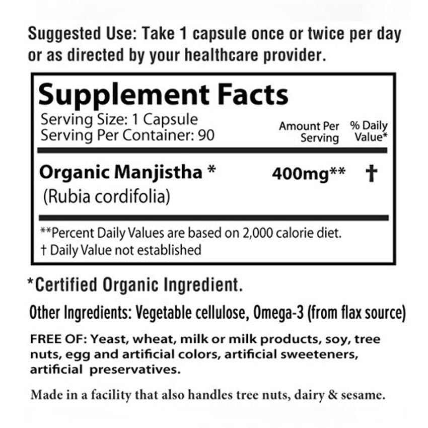 USDA Organic and Kosher labels on AyurBest Manjistha bottle