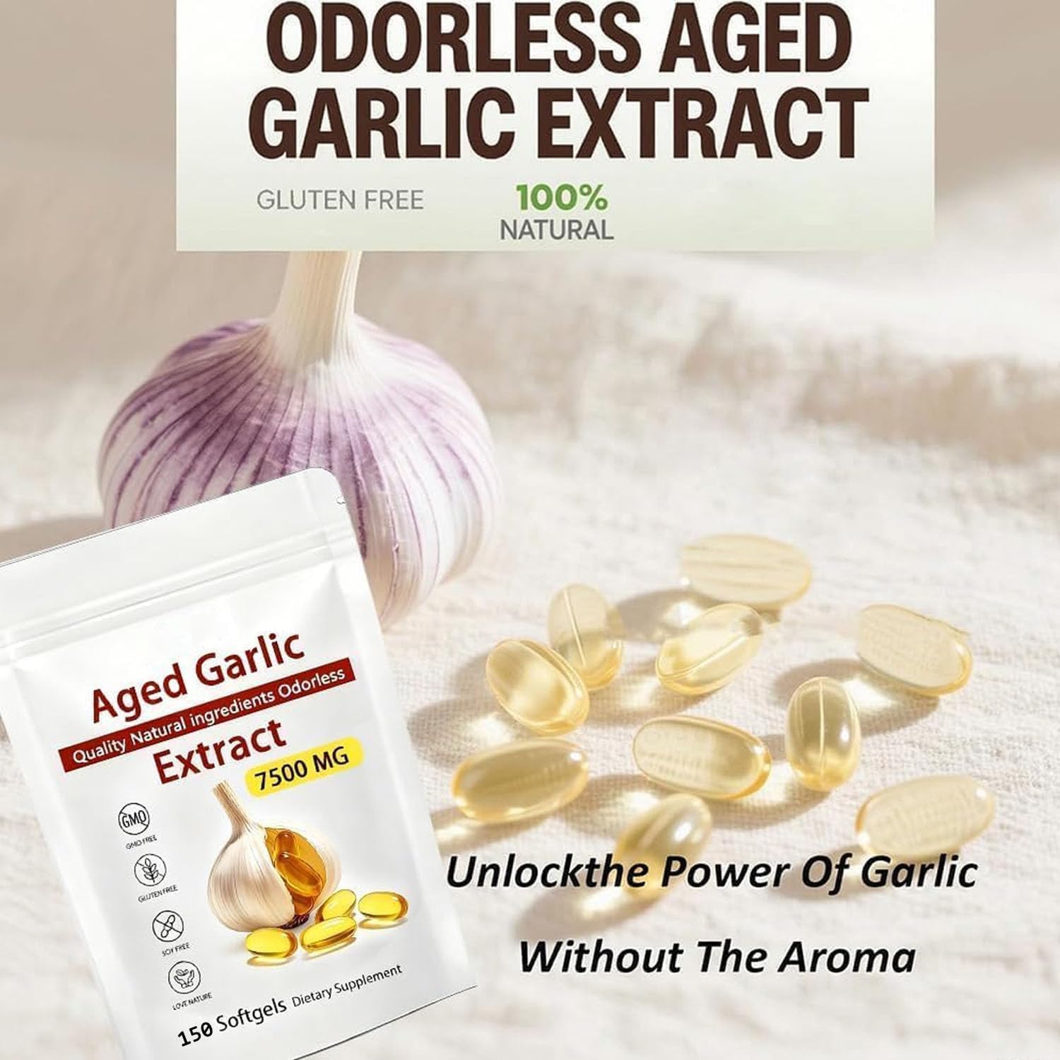 Close up view of the easy to swallow odorless aged garlic extract softgels.