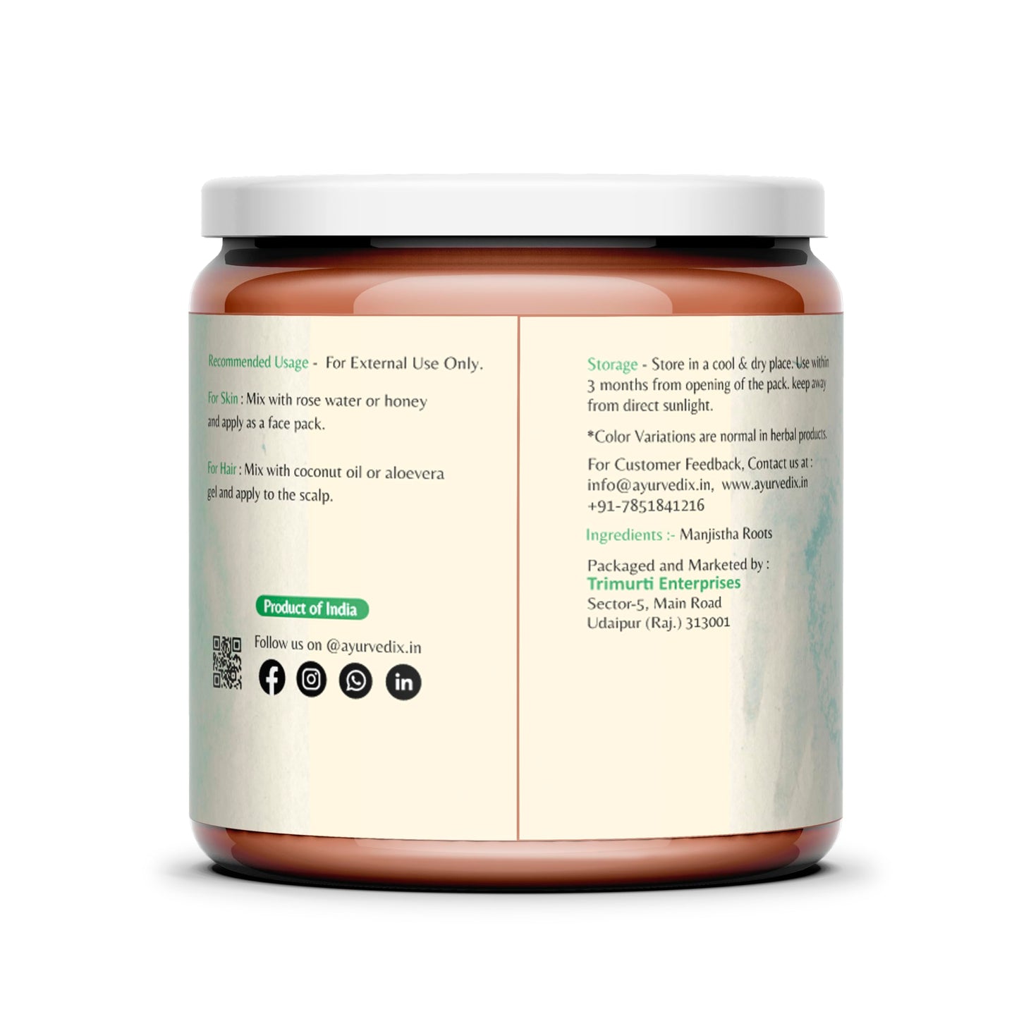 Pure Rubia Cordifolia root powder texture showing the natural herbal grind for face masks