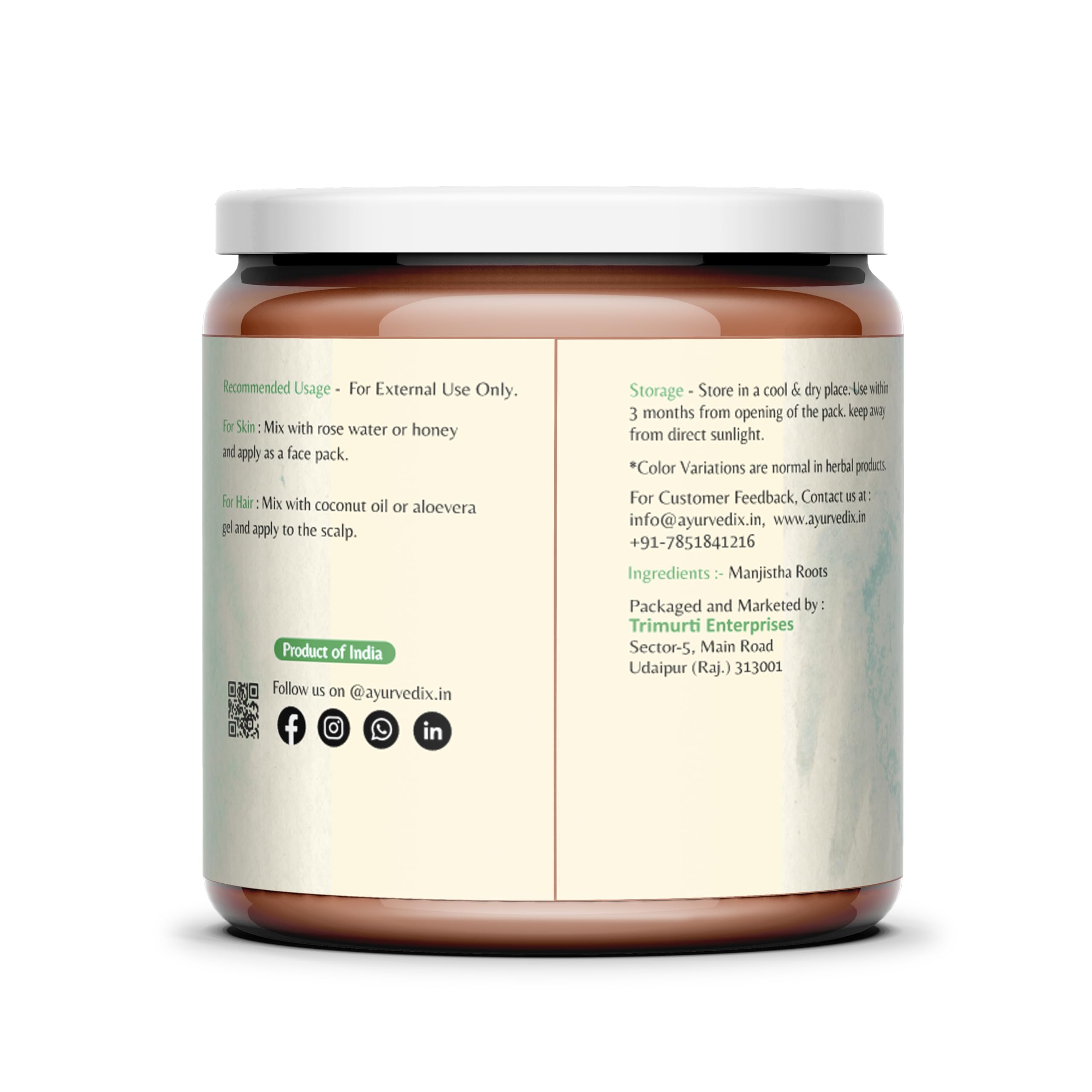 Pure Rubia Cordifolia root powder texture showing the natural herbal grind for face masks