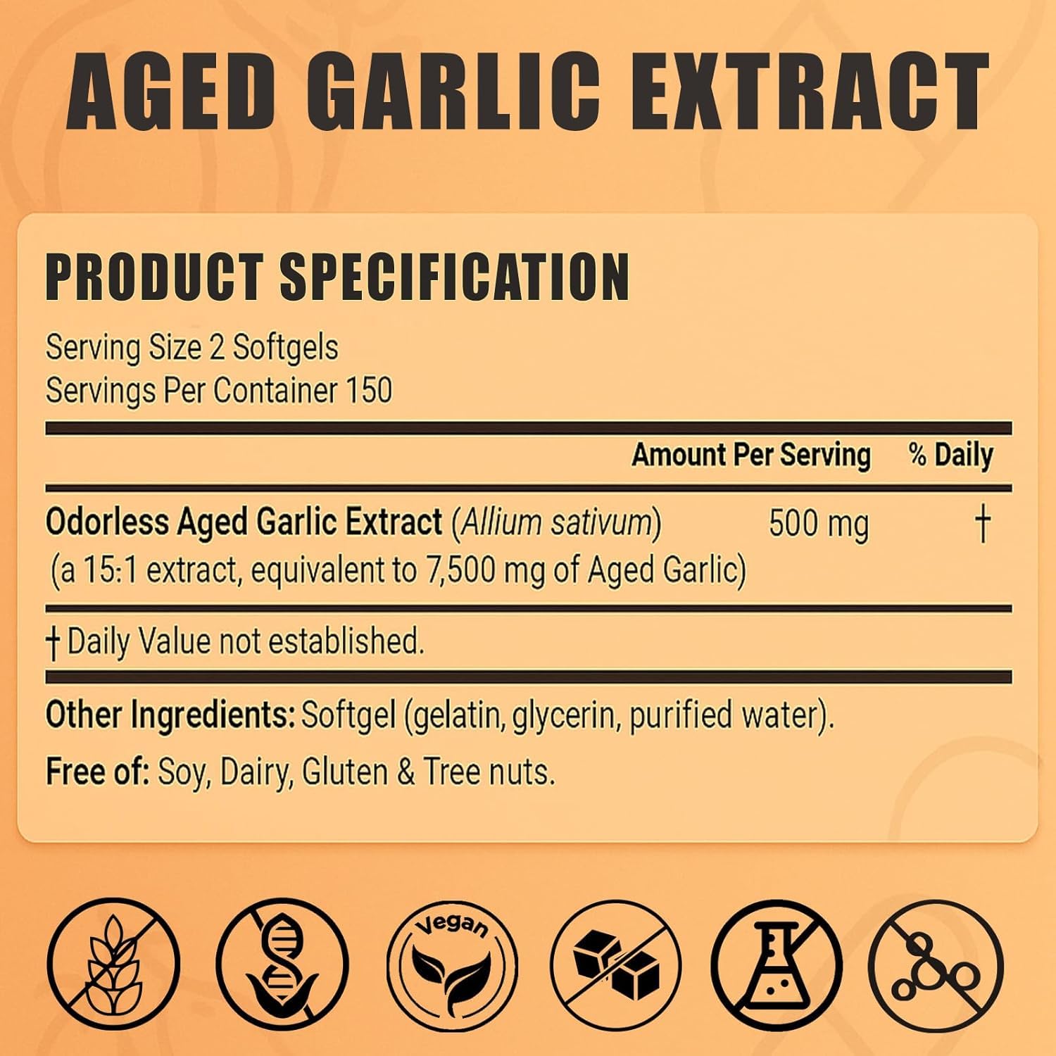 Elare odorless garlic supplement packaging showing organic ingredients and non-GMO labels