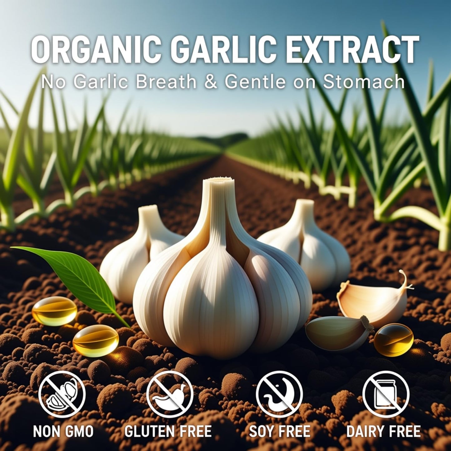 Close up of Elare 7500mg garlic supplement highlighting immune support and cardiovascular benefits