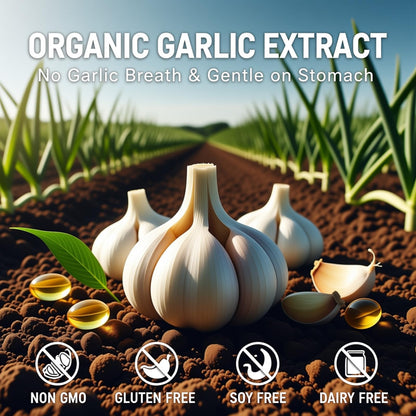 Close up of Elare 7500mg garlic supplement highlighting immune support and cardiovascular benefits