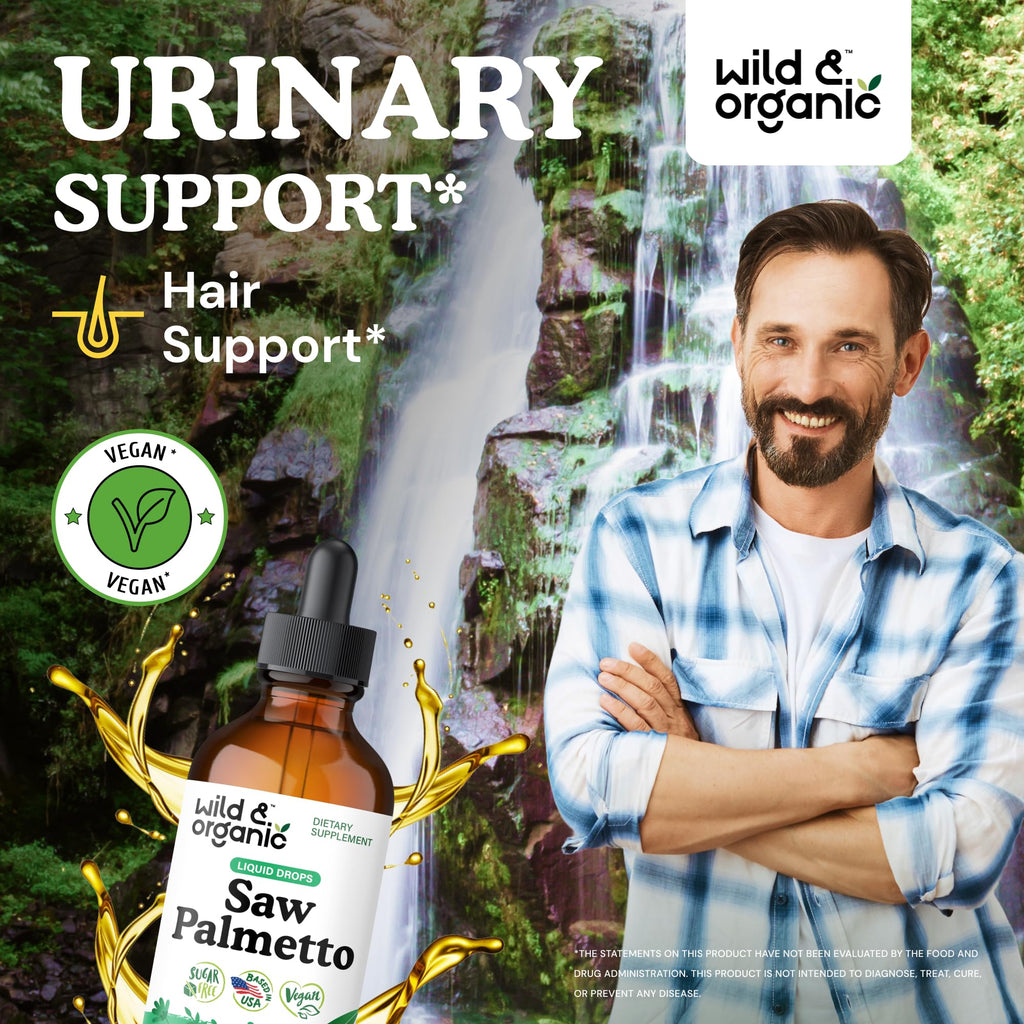 Wild and Organic Saw Palmetto Tincture bottle with dropper showing liquid consistency