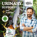 Wild and Organic Saw Palmetto Tincture bottle with dropper showing liquid consistency