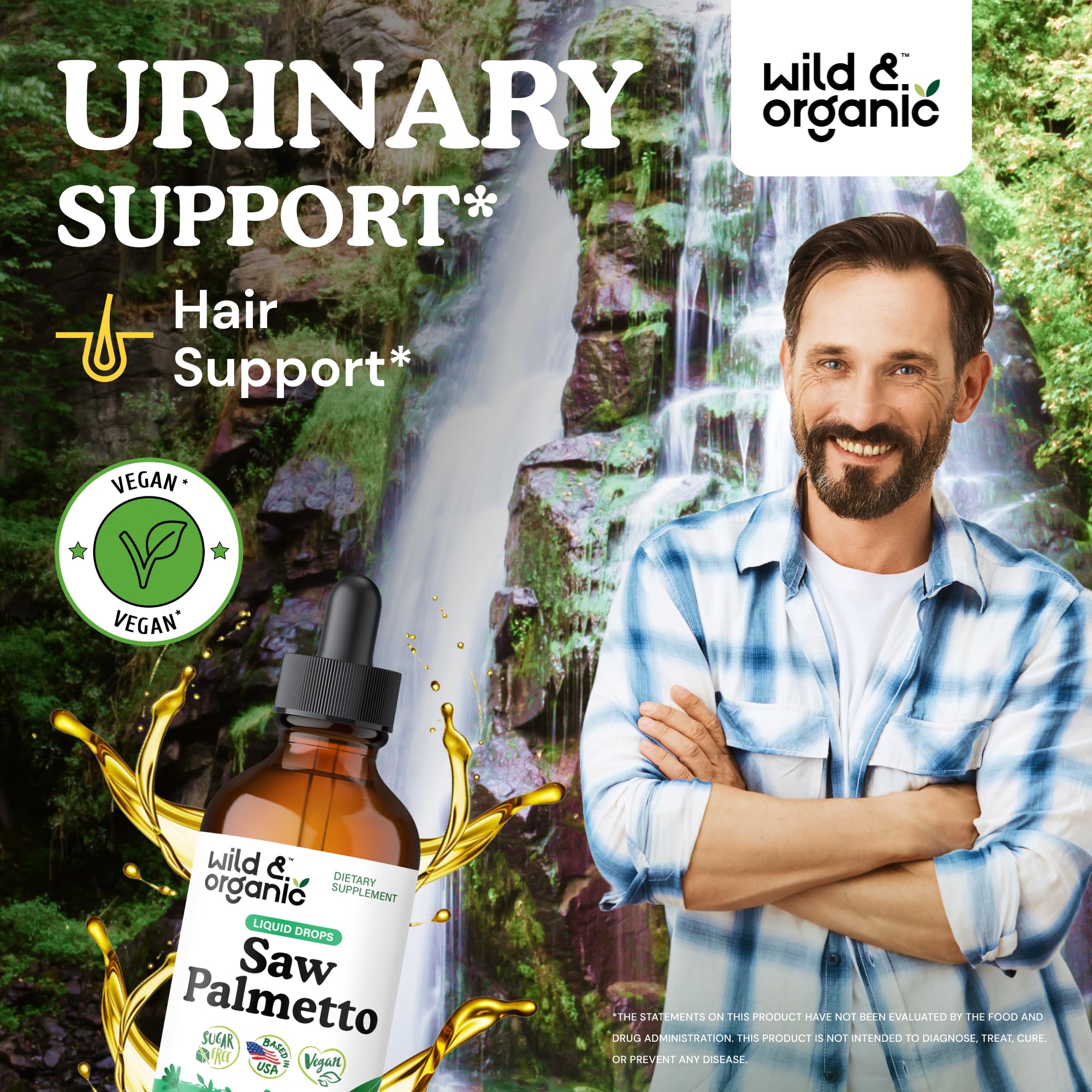 Wild and Organic Saw Palmetto Tincture bottle with dropper showing liquid consistency